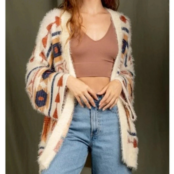 New! Boho Aztec Cozy Cream Cardigan Sweater - Picture 5 of 7